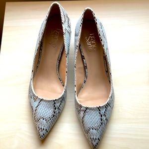 Snake skin light teal short box heel shoe